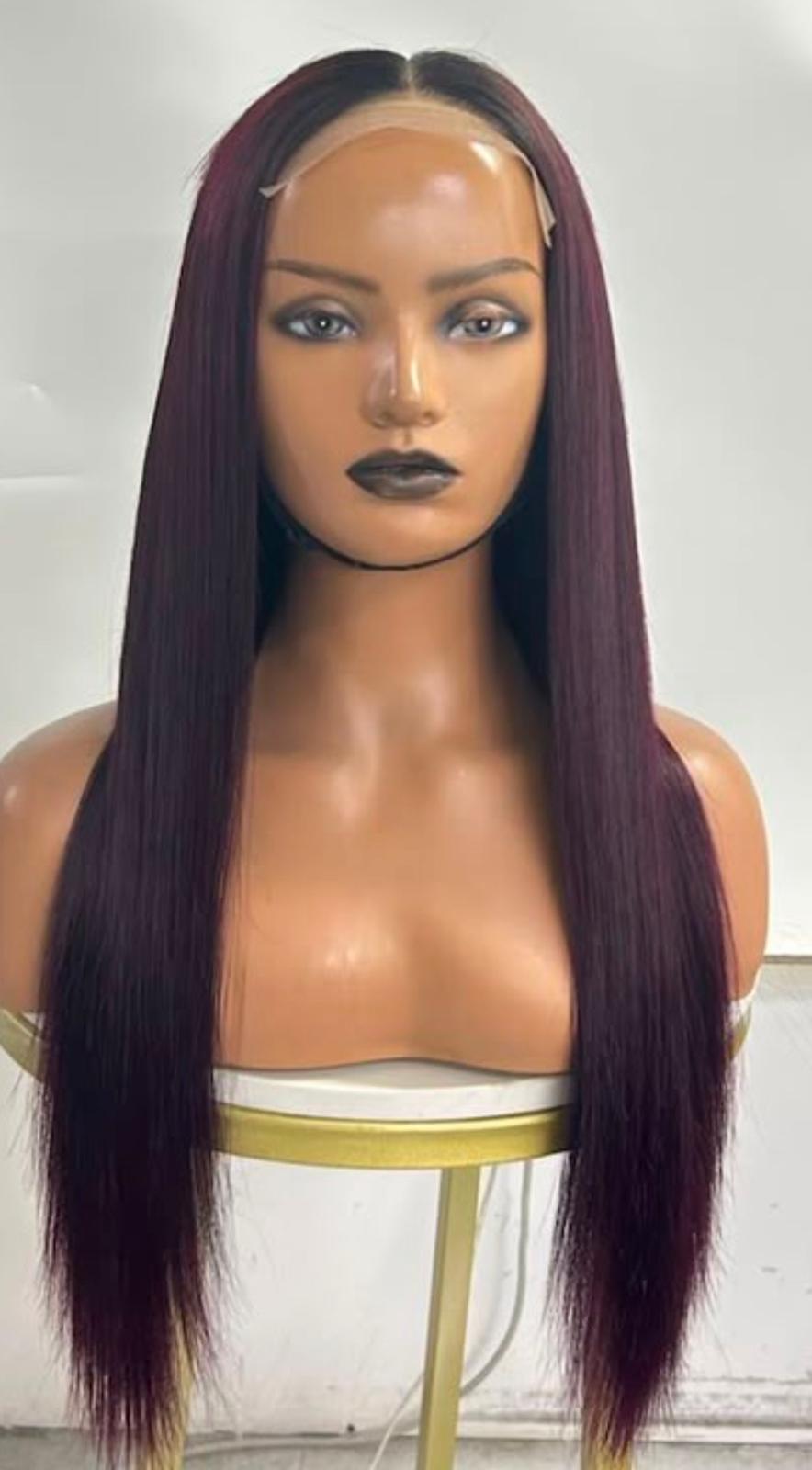 Burgundy Brazilian raw donor straight 5x5 closure wig (300g+closure) 20 inches